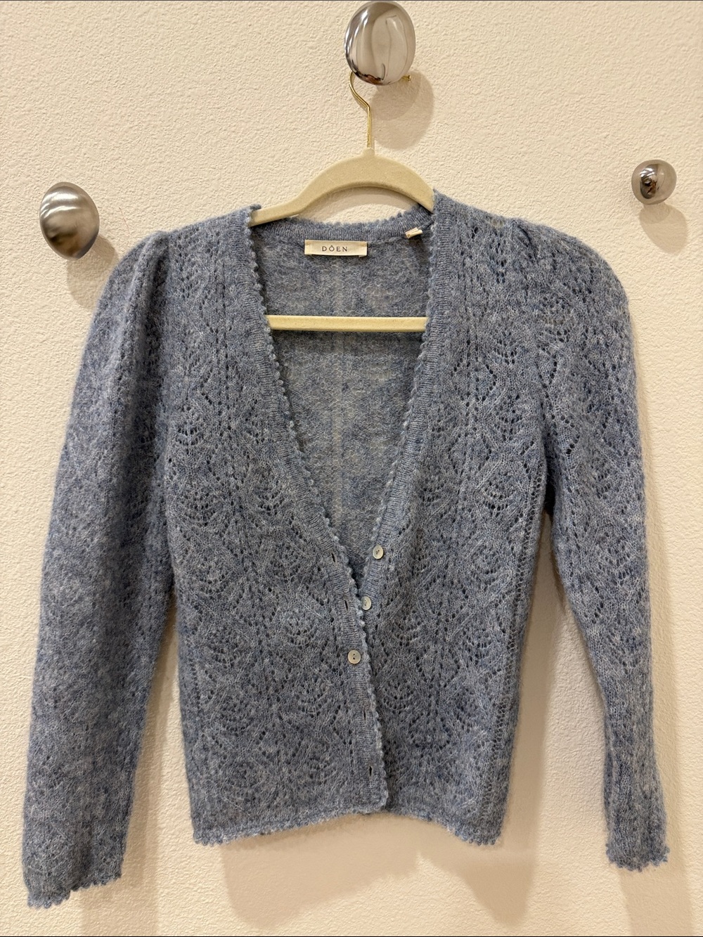 Doen Misty Blue Lace-Pattern Mohair Cardigan